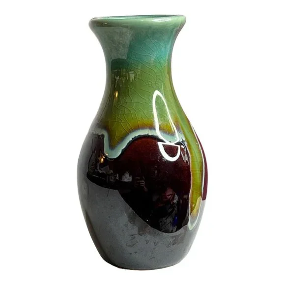 Unbranded unsigned Blue Green Brown drip glaze 5” bud vase crazing FLAW‎ - Picture 2 of 10